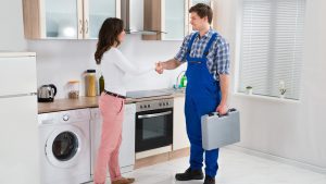 Young Male Repairman Shaking Hands With Happy Woman In Kitchen