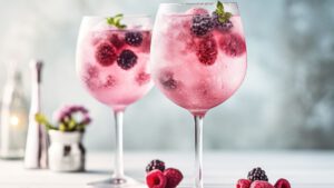 Zwei Gläser Wildberry Lillet mit Beeren und Minze.